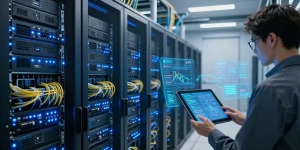 go8: Advanced cloud computing infrastructure in a modern data center with illuminated servers.