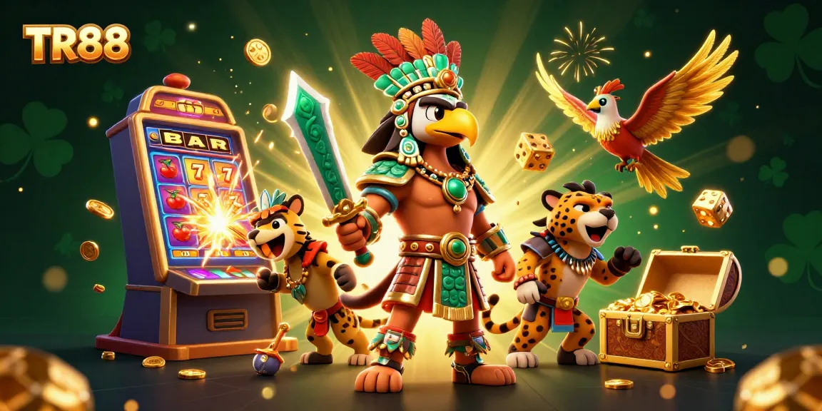 TR88 casino warriors celebrate a jackpot with coins and gaming symbols in a vibrant, dynamic scene.