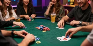 Outta PHX poker chips in a lively poker game with friends, showcasing customized designs and a festive atmosphere.