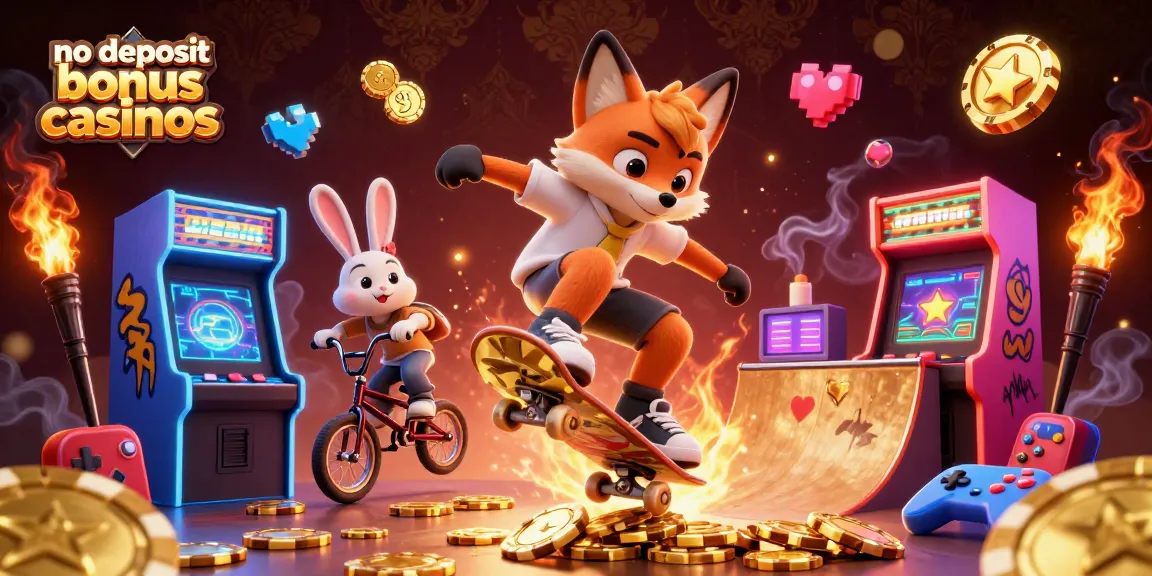 No deposit bonus casinos representation with a vibrant skateboarder fox and BMX-riding rabbit in a gaming environment.