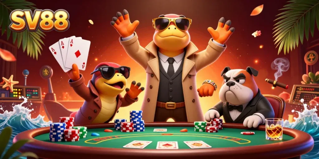 SV88 casino scene with raptors in disguise attempting to enter VIP lounge, poker elements galore.