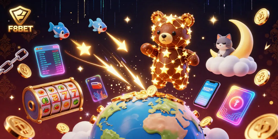 Experience thrilling gameplay with F8BET as the cartoon constellation bear scoops coins while adorned with dynamic casino elements.