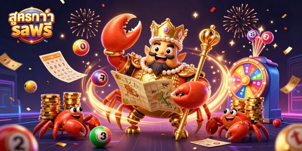 Win big with สูตรบาคาร่าsaฟรี in this vibrant 3D illustration of a golden crab emperor and lottery elements.