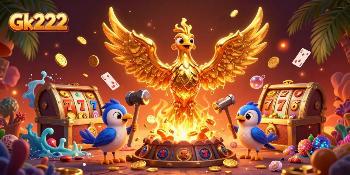 Engage in exciting gaming at Gk222 with the golden phoenix and slot machines in a dynamic 3D scene.