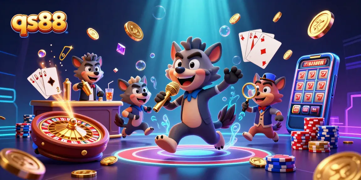 Experience the lively qs88 casino atmosphere with hyena characters interacting at a comedy club.