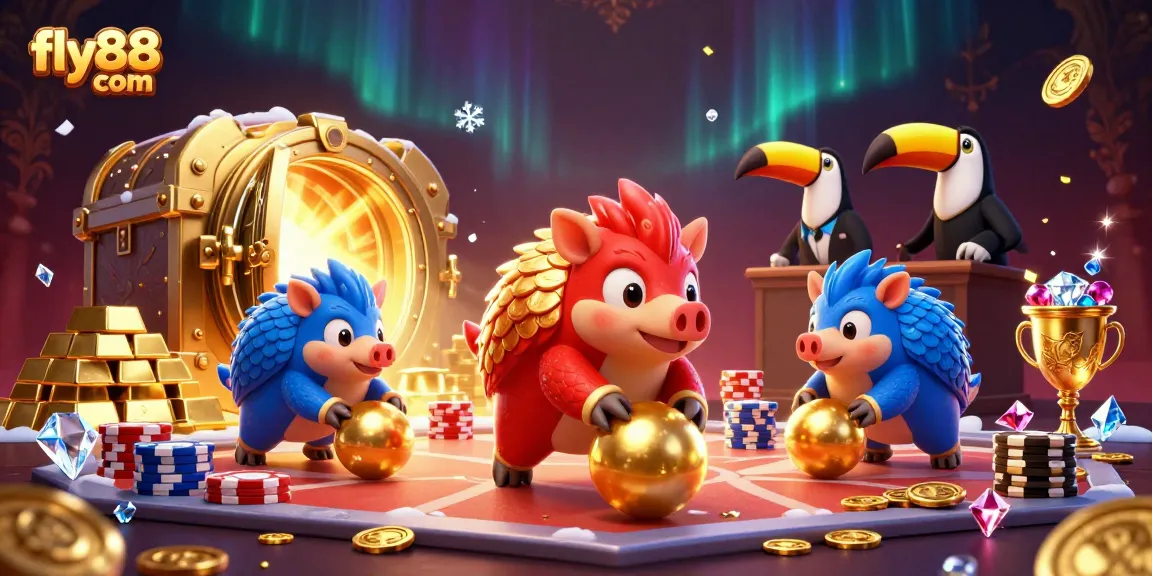 Experience gaming excitement with fly88 com as pangolins bowl through poker chips in a vibrant casino scene