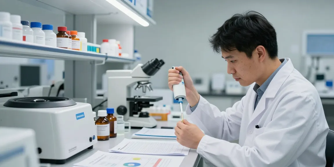 Scientist analyzing SwissChems Peptides in a dynamic research laboratory setting, showcasing advanced lab equipment and a focused atmosphere.
