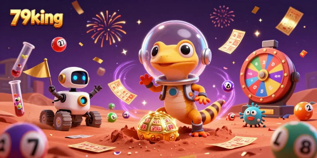 Experience the excitement of 79king casino with a Martian gecko discovering a buried treasure.