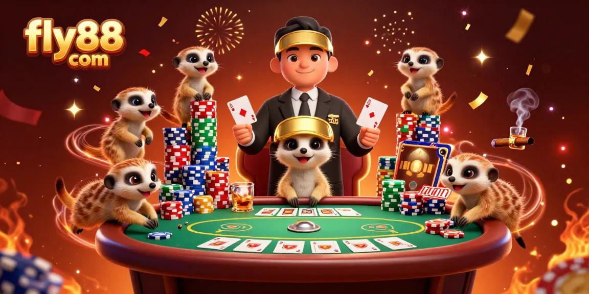 Engage in thrilling gameplay at fly88 com with a vibrant casino scene and meerkats in action.