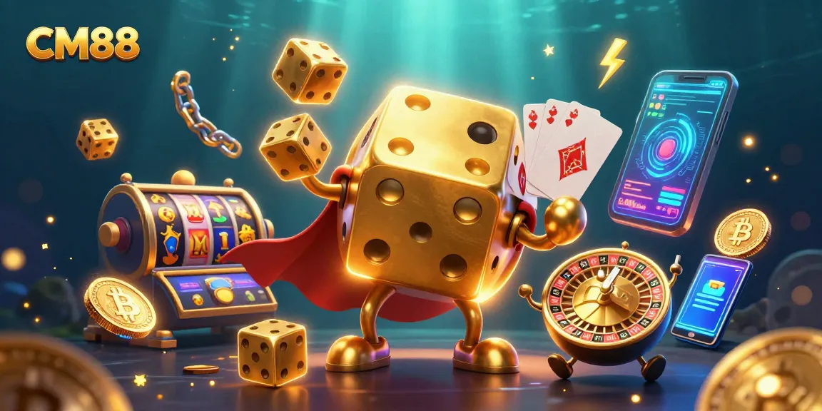 Engage with CM88's vibrant casino world, featuring a dazzling dice golem and slot elements.