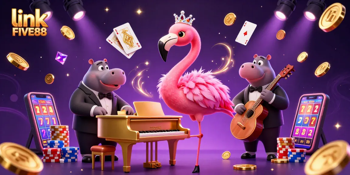 Experience the thrill of gaming with link FIVE88 as vibrant characters play amidst swirling golden coins and cards.