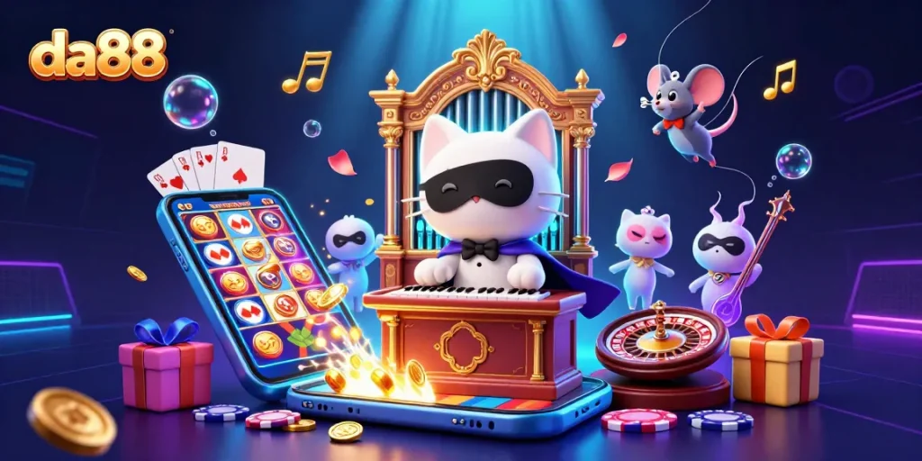 Experience thrilling gameplay at da88 with an animated casino scene featuring a cat and mouse duo.
