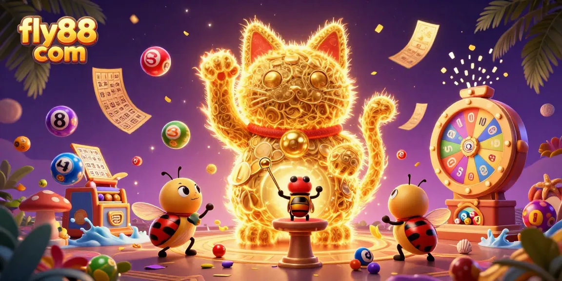 Engage in vibrant gaming action at fly88 com with lucky cat and colorful lottery elements.