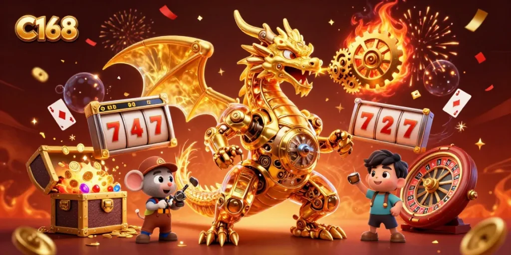 C168 promotes a vibrant casino atmosphere with a golden dragon and sizzling jackpot elements.