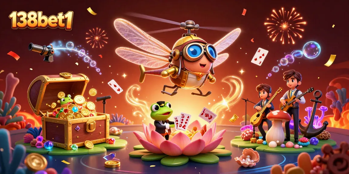 Experience the excitement of 138bet1 with a vibrant dragonfly pilot and a frog dealer in a lively casino scene.