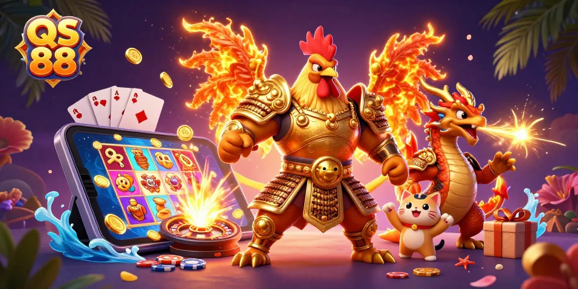 Experience the excitement at QS 88 with cartoon warriors and vibrant gaming elements in action.