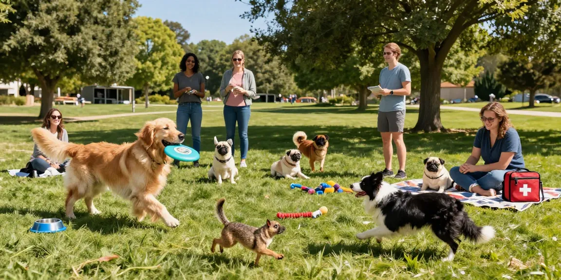 A joyful outdoor dog park scene emphasizing the cost of having a dog with diverse pet owners engaging happily, showcasing various breeds enjoying playtime in a vibrant green setting.