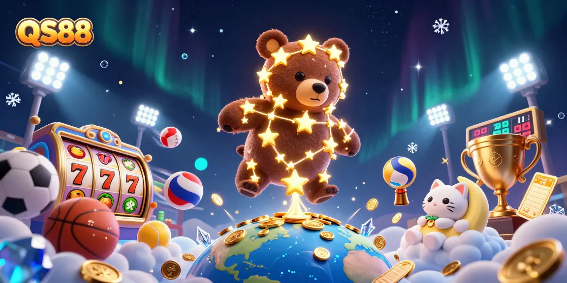 Experience the excitement of QS88 with vibrant 3D illustrations of slot games and dynamic gaming elements.