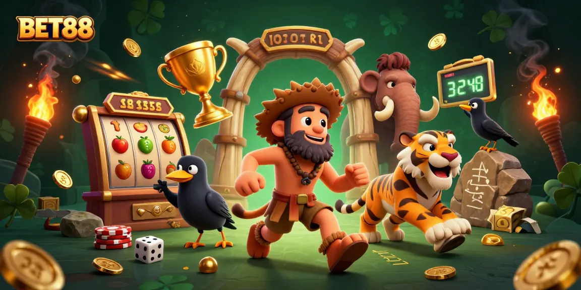 Experience the thrilling action of BET88 as a caveman and sabertooth tiger run a casino with vibrant slot reels and golden elements.
