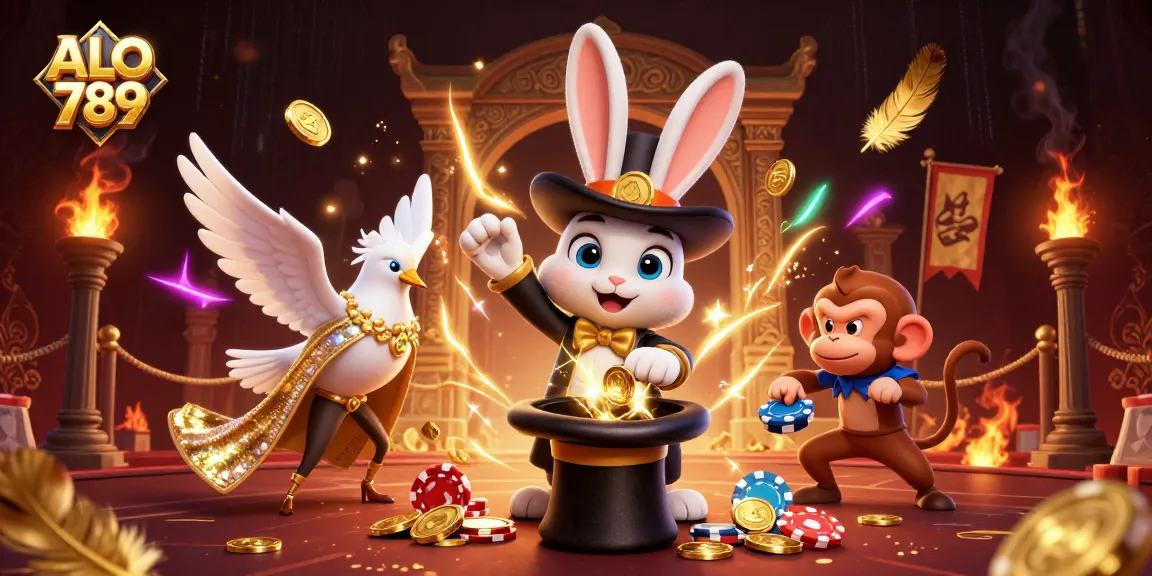 Experience thrilling action at ALO 789 with a magical rabbit, dove, and mischievous monkey in a vibrant casino scene.