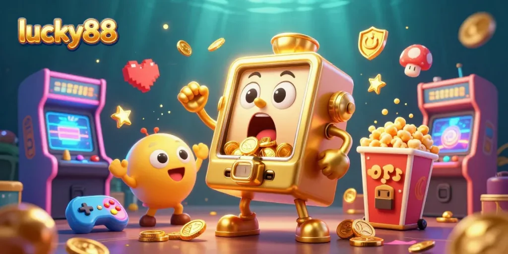 Experience lucky88 as a golden slot machine hits a jackpot, surrounded by cheering machines.