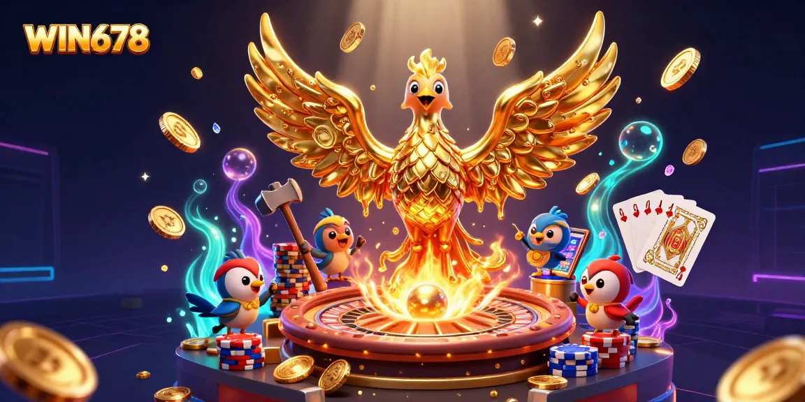 WIN678 casino scene featuring a golden phoenix and spectacular slots, cards, and chips.