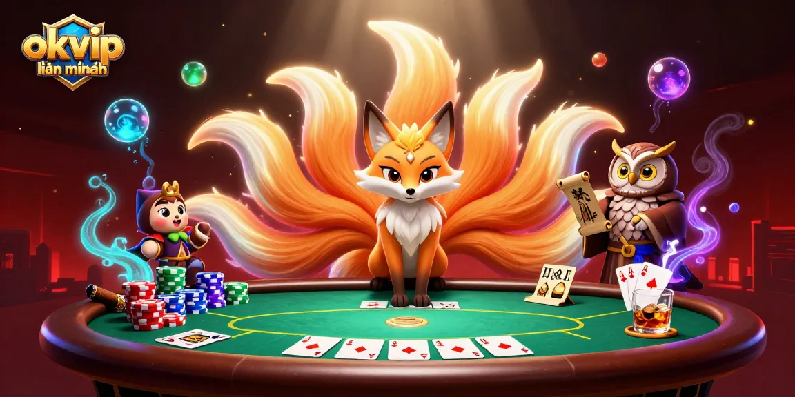 Experience the thrill of okvip liên minh in a vibrant 3D poker scene with magical elements.