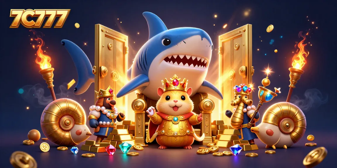 Engage with the 7C777 gambling experience featuring a golden hamster king and treasure elements in a vibrant casino scene.