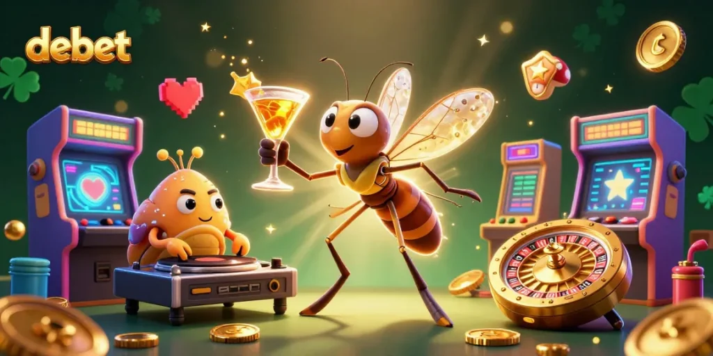 Engage with debet gaming fun through a lively 3D illustration featuring casino-themed elements.