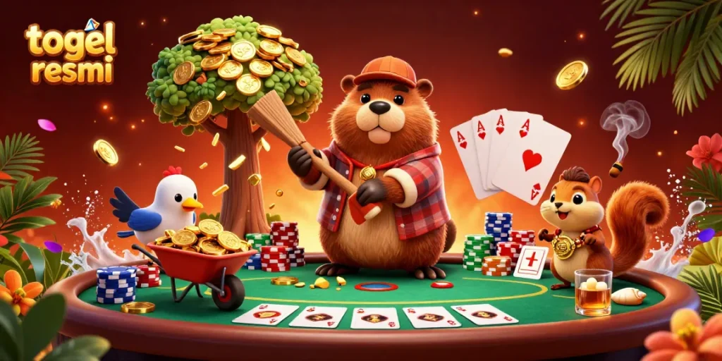 Visualisasi karakter togel resmi yang dinamis dengan pelukis beaver, burung, dan tupai di latar belakang permainan judi.