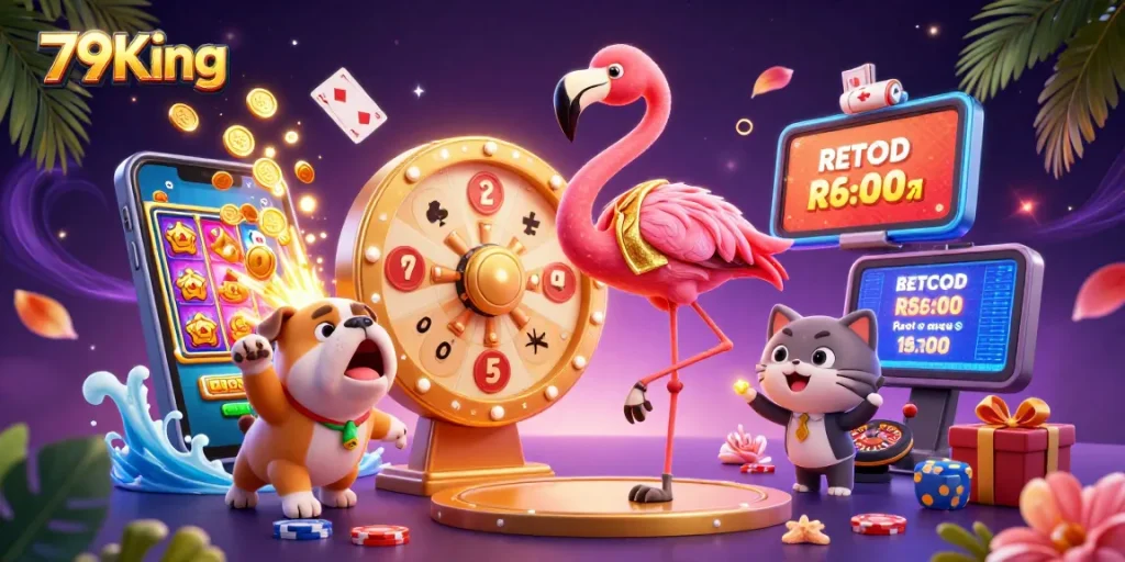 79King presents an exciting scene with a flamingo host and bulldog contestant spinning prizes at a dynamic casino game show.