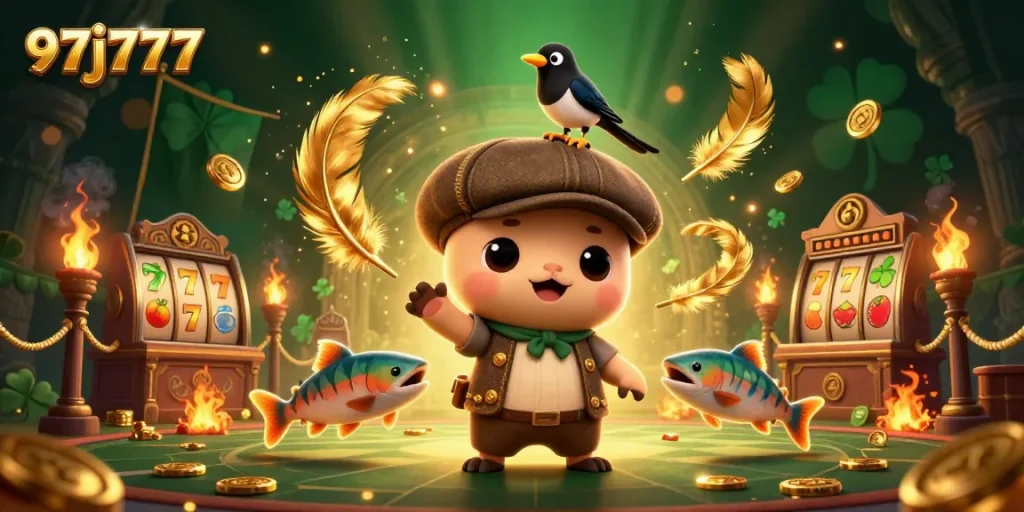 Engage with vibrant 97j777-themed casino illustration featuring baby Nessie and playful elements.