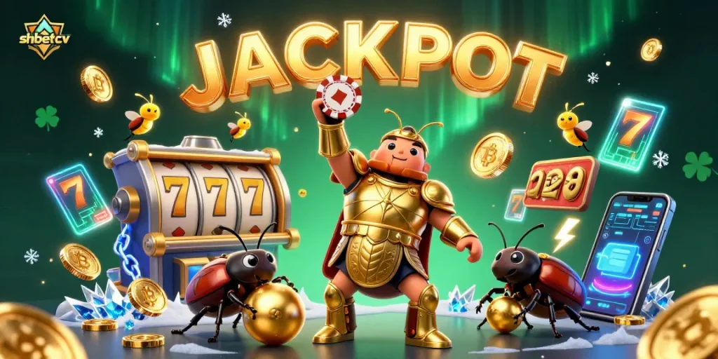 Join the excitement at shbetcv with a victorious beetle lifting a poker chip amid casino treasures.