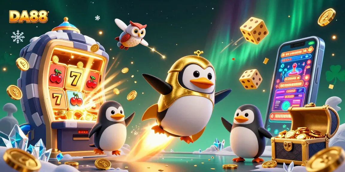 Experience the excitement of DA88 with a golden penguin navigating a vibrant casino world.