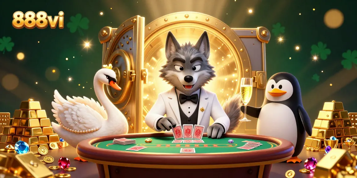 Experience the thrill of 888vi with a debonair wolf, swan dealer, and penguin sommelier at a lively baccarat table.