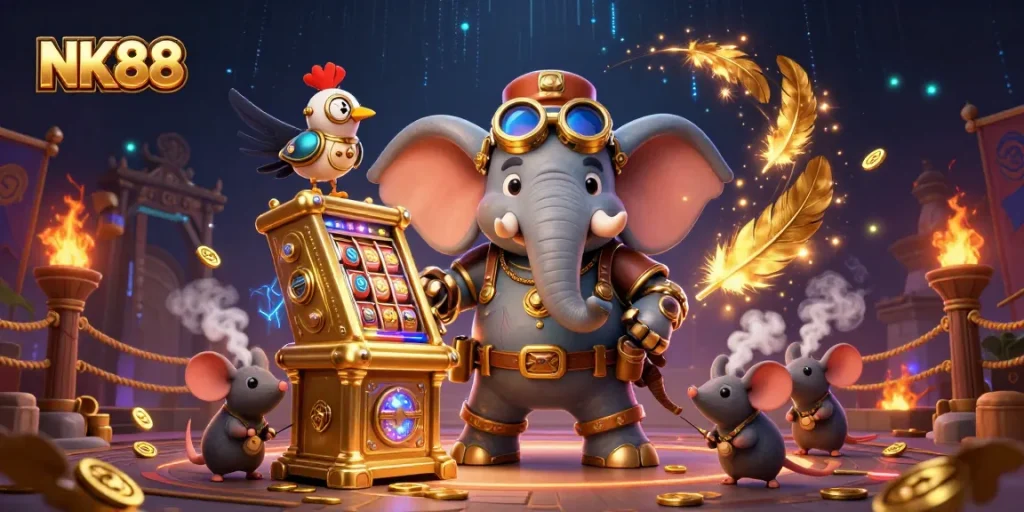 Spin the exciting NK88 golden slot machine with a steampunk elephant engineer in a vibrant scene.