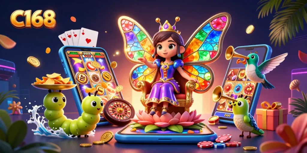 Spin the reels with C168 in an enchanting casino scene filled with vivid game elements.