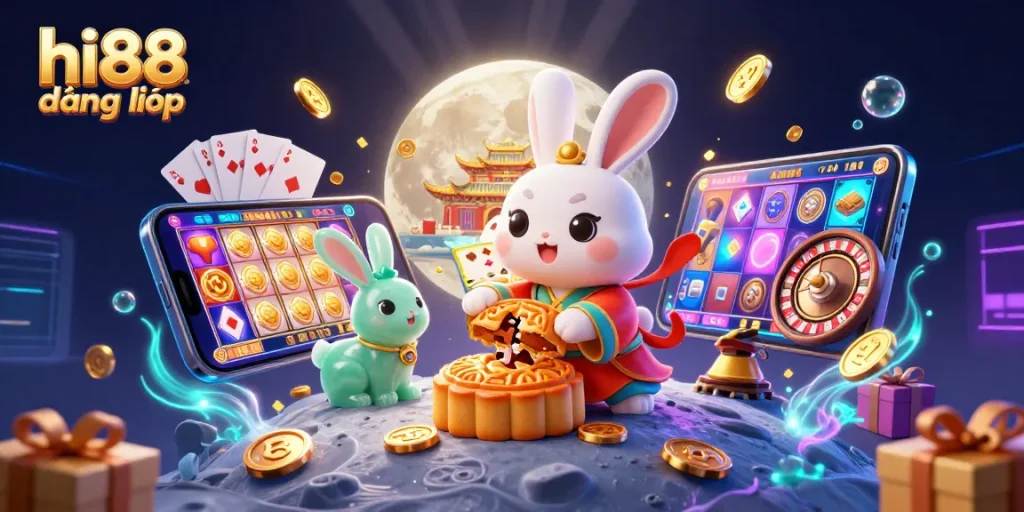 Experience hi88 đăng nhập with an animated moon rabbit delivering casino excitement from the lunar surface.