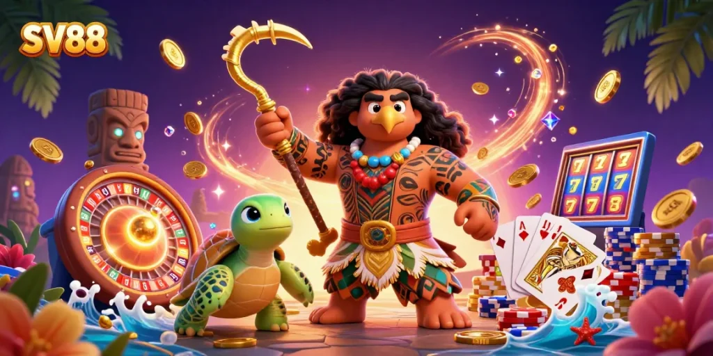 Join the excitement at SV88 with a vibrant casino scene featuring Polynesian characters, golden coins, and dynamic gaming elements.