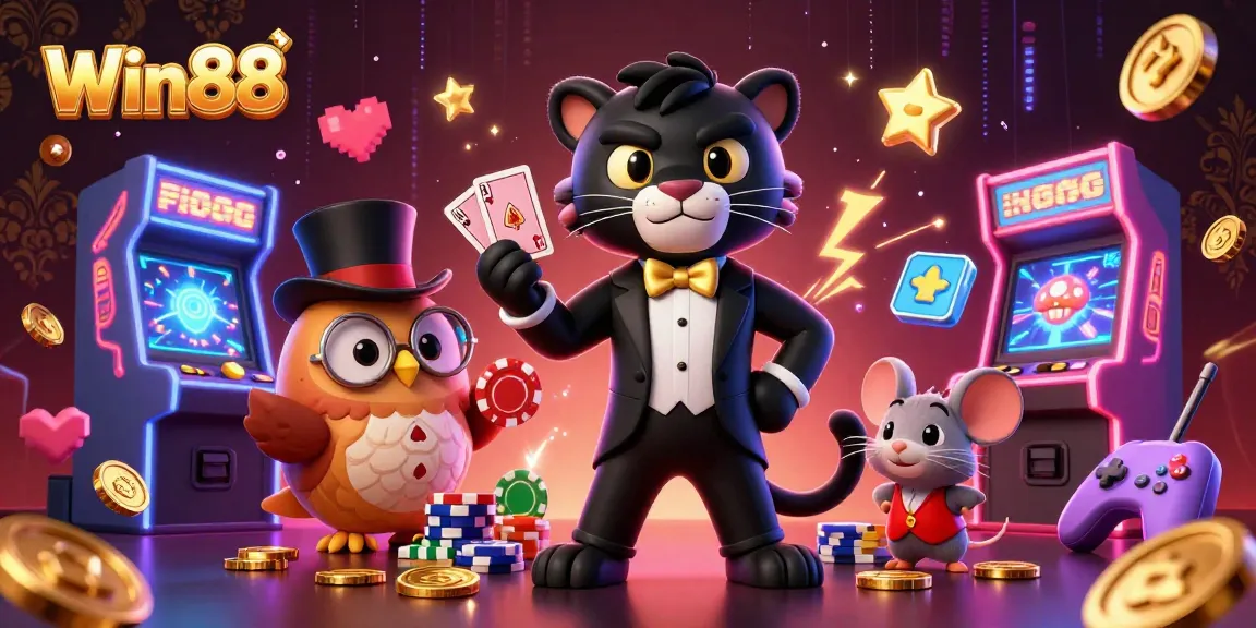 Win88 showcases engaging games with a stylish panther and friends in vibrant casino art.