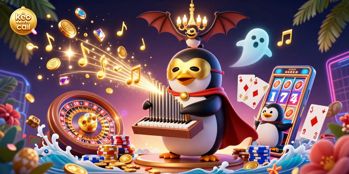 Experience kèo nhà cái excitement with a penguin organist amidst golden coins and vibrant casino elements.