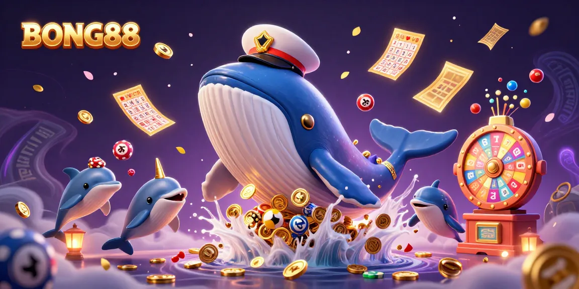 Experience BONG88's thrilling casino adventures with a whale breaching coins and vibrant lottery elements.