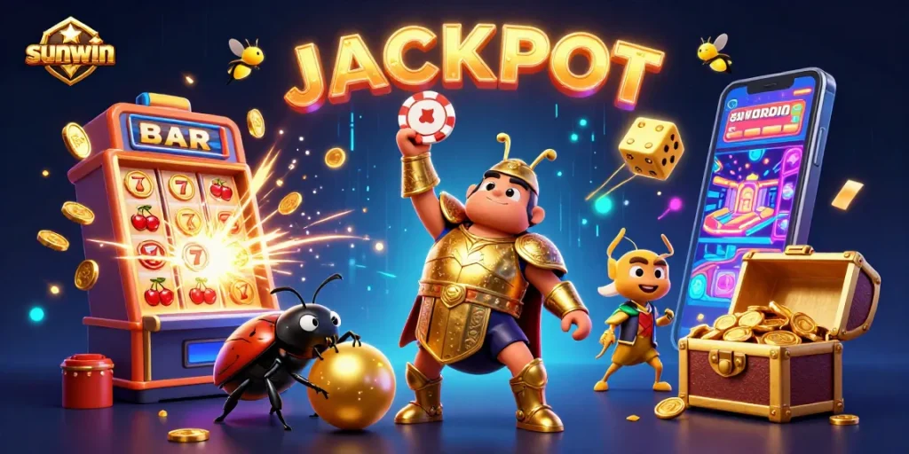 Experience sunwin's thrilling jackpot fun with a victorious beetle lifting a poker chip surrounded by casino chaos.