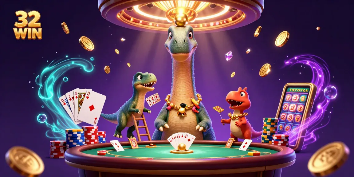 Experience the excitement at 32WIN with a charming brontosaurus and raptor dealing cards amid cascading coins.