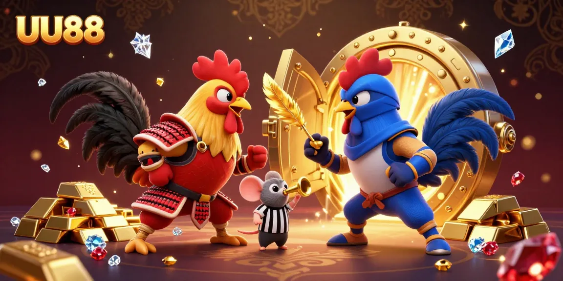 Bet on the thrilling standoff of fighting roosters at UU88 amidst sparkling treasures.