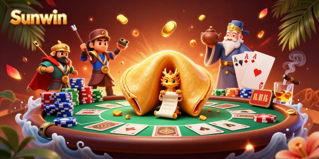 Engage in thrilling games at Sunwin, featuring a vibrant casino atmosphere with dynamic characters and gold elements.