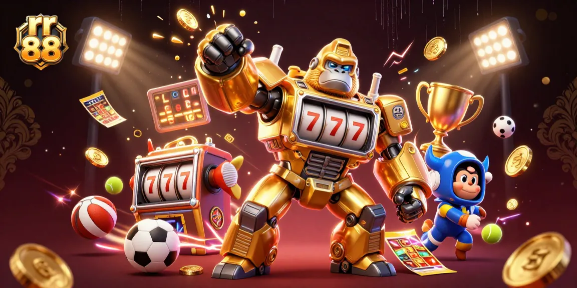 Experience thrilling action at rr 88 with dynamic 3D illustration of a golden gorilla mech and sports elements.