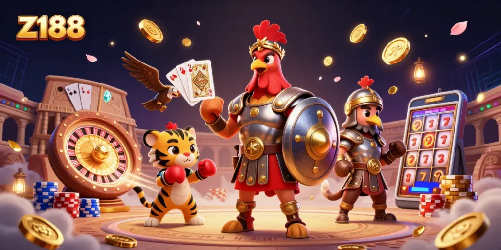 Experience exciting gameplay at z188 with thrilling casino characters amidst vibrant gaming elements.