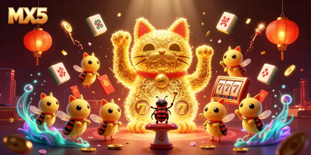 Experience the vibrant world of MX5 with a lucky cat symbolizing luck and fortune in gambling.