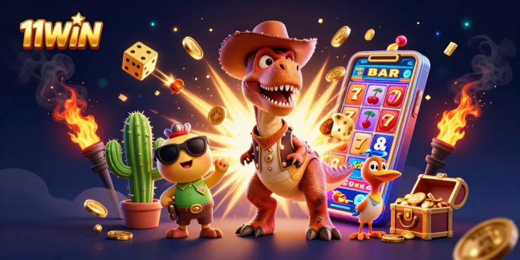 Experience massive wins with 11WIN in this vibrant casino-themed action scene.
